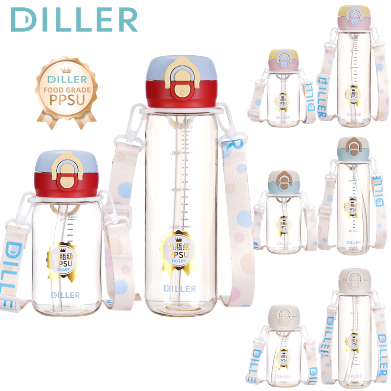 ขวดน้ํา Diller PPSU ป้องกันความร้อน 180℃, BPA-Free, Dual Head, Leakproof, 380/520ml D2606