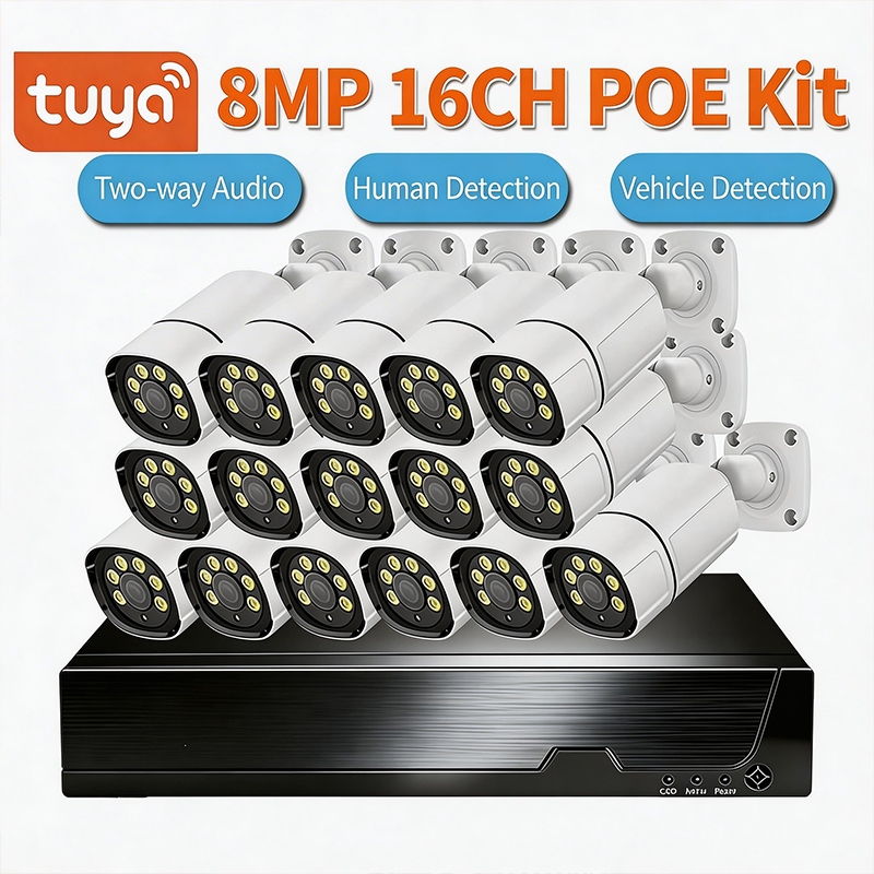 H.265 TUYA SMART HOME SECURITY 16CH 4K CLOUD POE KITS สีเต็มรูปแบบ IP67 โลหะ WEATHERPROOF 2 ทางเสียง