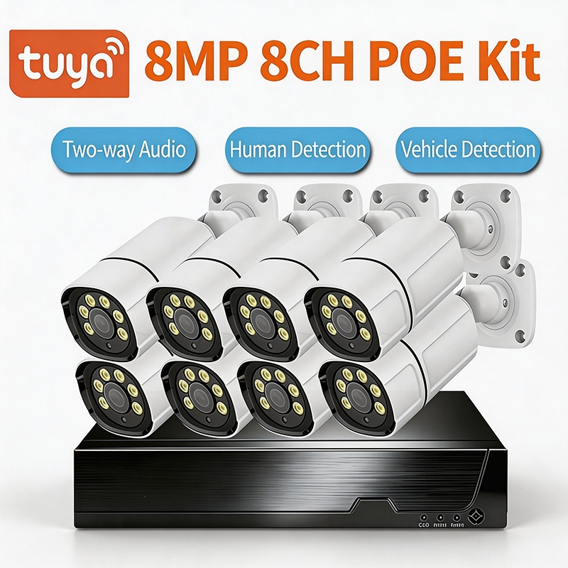 H.265 TUYA SMART HOME SECURITY 8CH 4K CLOUD POE KITS สีเต็มรูปแบบ IP67 โลหะ WEATHERPROOF 2 ทางเสียง 