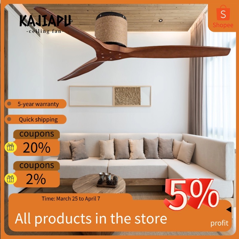 KAJIAPU 42/52/60" พัดลมเพดานอุตสาหกรรมวินเทจ - ไม้เนื้อแข็ง 3 ใบมีด มอเตอร์ DC ที่เงียบสงบและรีโมท