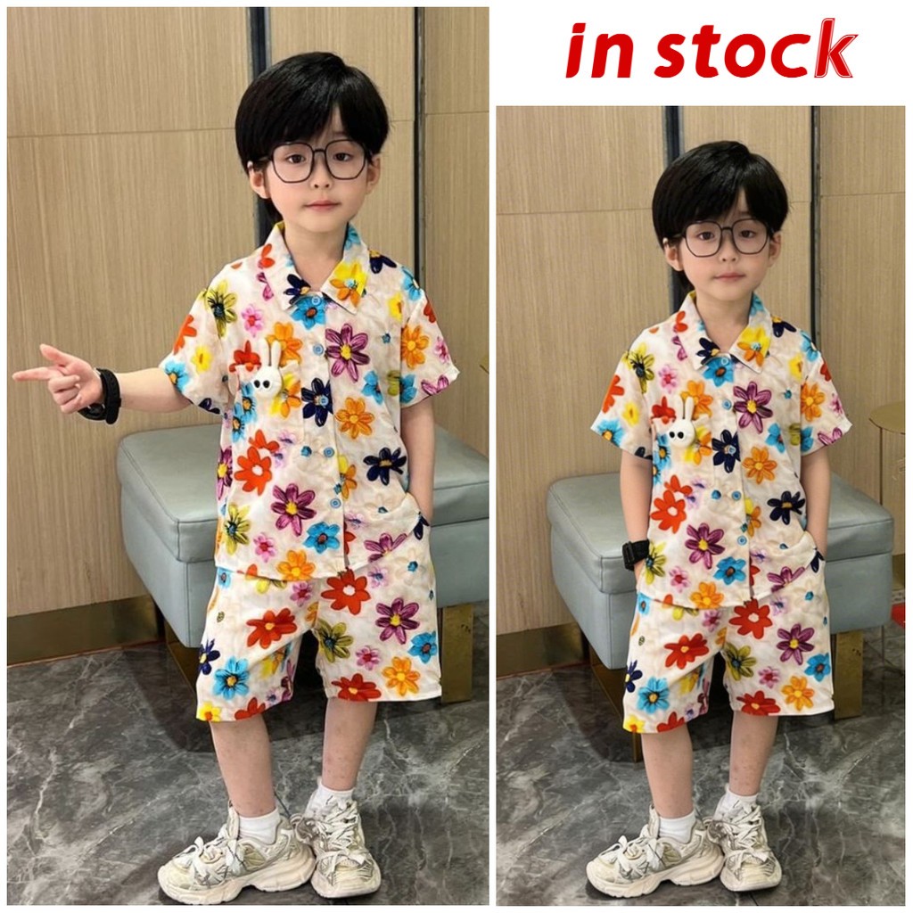 [โกรจอย] (พร้อมสต็อก) 4-15ปีเด็กชุดเสื้อดอกไม้เสื้อแขนสั้นลําลองแบบใหม่+กางเกงขาสั้นชุดสองชิ้น GRL95