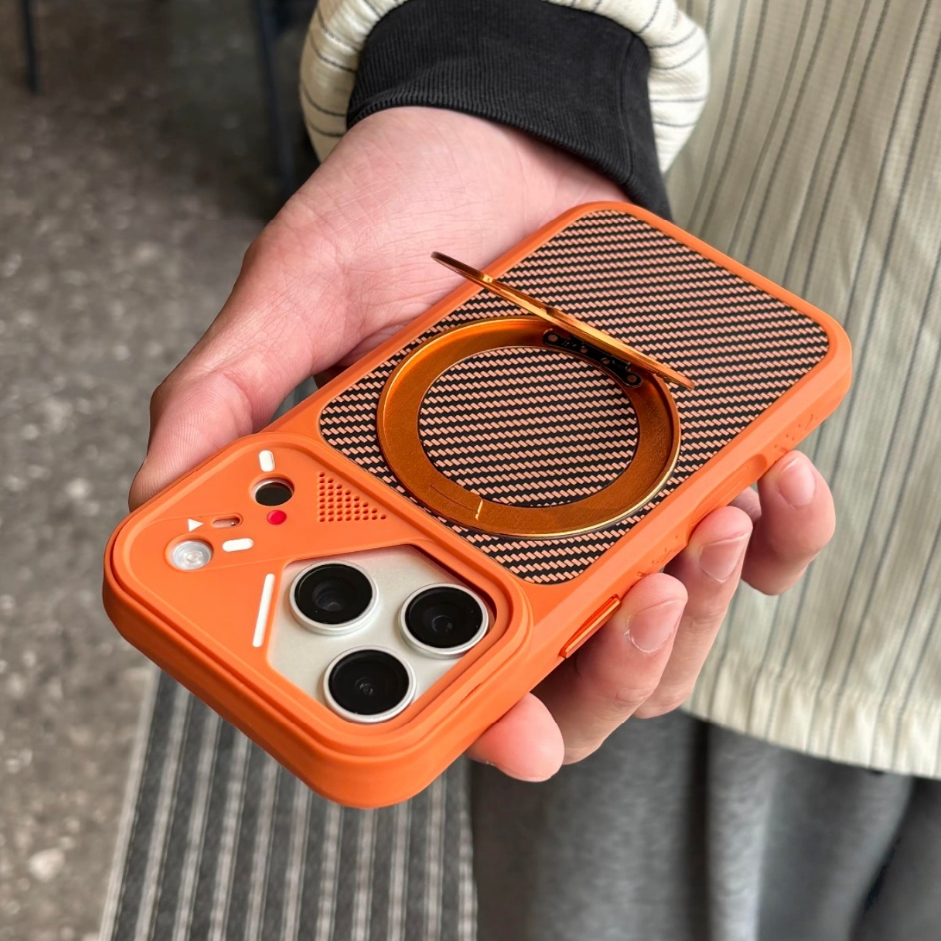 【Carbon fiber texture/AI Camera Button/With Bracket/Matte acrylic hard case/Orange】เคส compatible for iPhone 13 14 15 16 17 pro max case