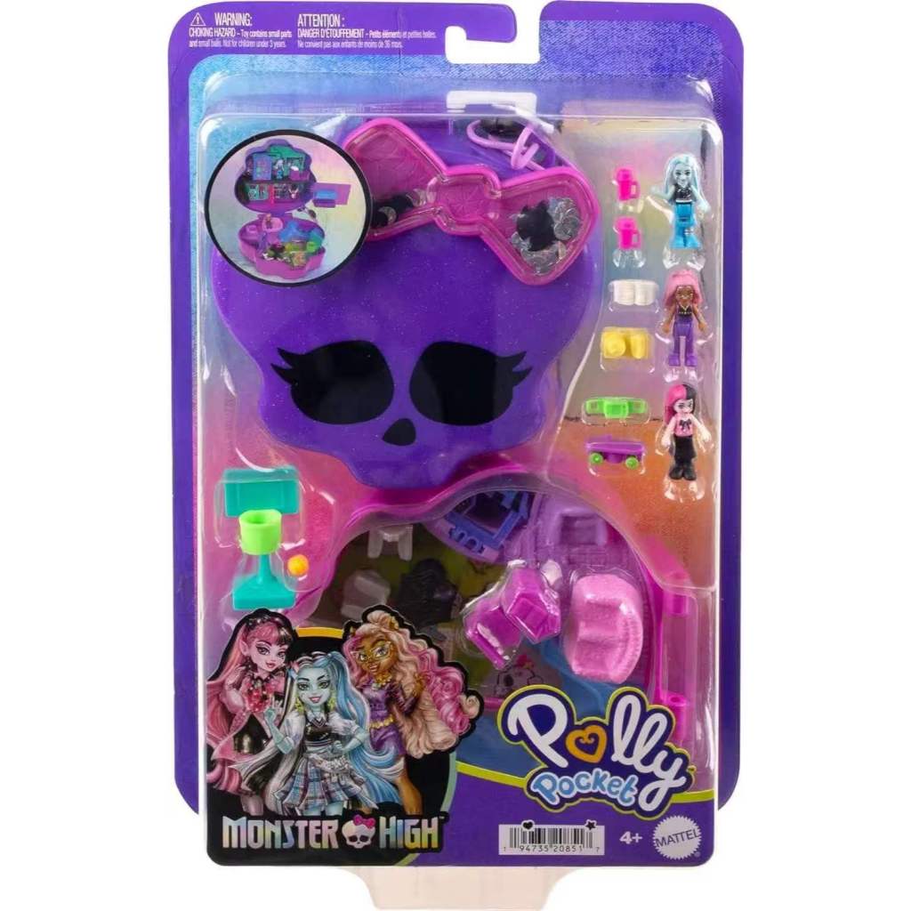 Polly Pocket Monster High Playset with 3 Micro Dolls & 10 Accessories, Opens to High School, Collect