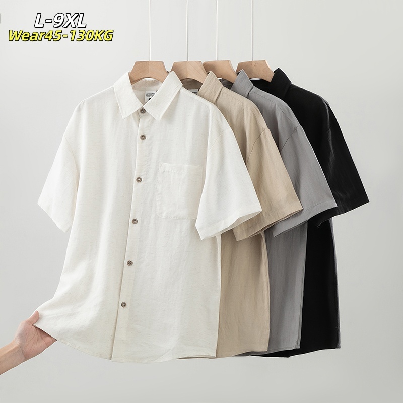 [Wear45-130KG] L-9XL ขนาดใหญ่หลวมฤดูร้อนบางเสื้อเชิ้ตแขนสั้นผู้ชายระบายอากาศลําลองปกพับคอปกด้านบน