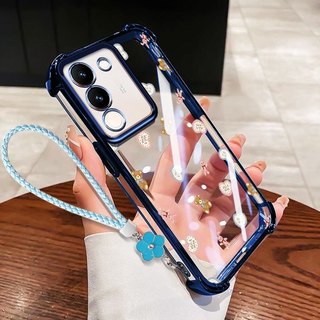 VRQR สําหรับ Vivo Y04 Y29S Y29 Y21d Y31 Y200 4G 5G Y19S Y100 (IDN) Mini Bear กันกระแทกเคสโทรศัพท์ใสพร้อมเชือกดอกไม้