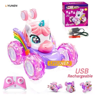 รถผาดโผน RC ยูนิคอร์น 360° หมุนสําหรับเด็กผู้หญิงของเล่นรถควบคุมระยะไกลพร้อมไฟน่ารักของเล่นแบบชาร์จไฟได้ของขวัญเด็ก