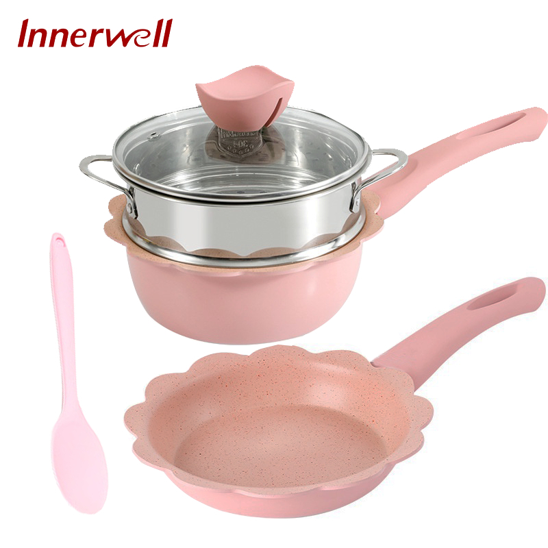 Innerwell 16 ซม. หินไมฟานไม่ติด ชุดหม้อต้มน้ำนมสีชมพูขนาด พร้อมที่นึ่ง เหมาะสำหรับเตาทุก