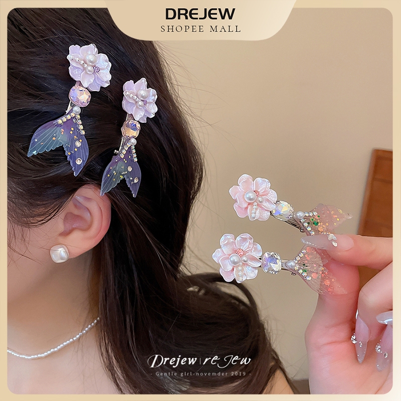 DREJEW Dreamy Diamond Studded Flower Tail Pearl Hairpin Sweet and Elegant Commuter อเนกประสงค์