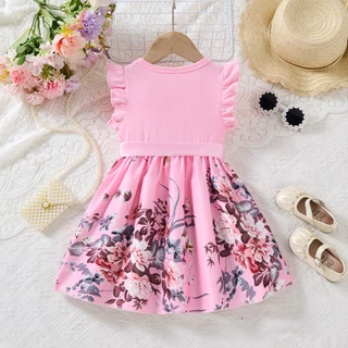 ชุดเด็กหญิงลายดอกไม้แขนสั้น สีดำ สำหรับอายุ 2-7 ปี พร้อมเข็มขัด เหมาะสำหรับงานวันเกิดและเทศกาล