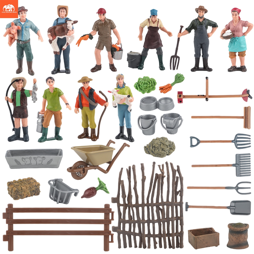 ชุดของเล่นฟาร์มจําลองสําหรับเด็กพร้อมรั้ว Shepherd Breeder Playset Tools Shovel Rake Fork Model - ฉากตัวละครตกแต่ง