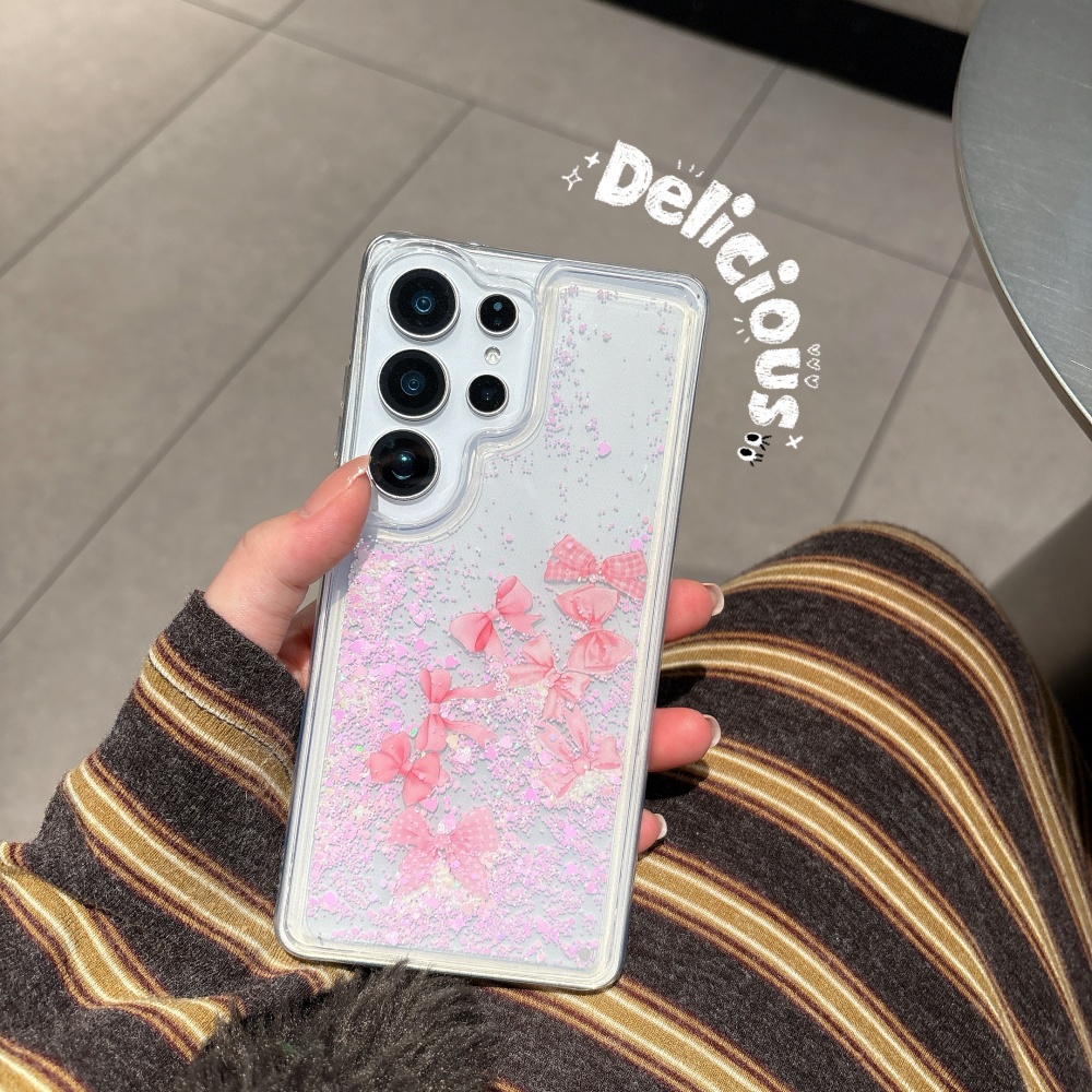 Samsung S26ULTRA S25ULTRA S24ULTRA เคสโทรศัพท์โบว์สีชมพูไหลทราย S26U S24U S25U เปลือกแข็งกันกระแทก