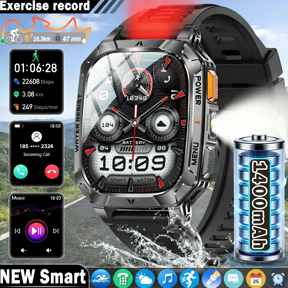 2026 ใหม่ทหารกีฬากลางแจ้งผู้ชายSmartwatch 1400MAhแบตเตอรี่ 5ATMว่ายน้ําไฟฉายสีแดงบลูทูธโทรSmartwatch