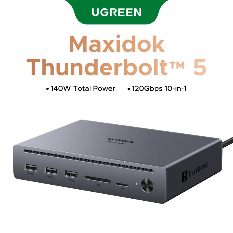 Maxidok Thunderbolt 5 Dock 10-in-1 UGREEN - ความเร็ว 120Gbps, ไฟรวม 140W, Dual Thunderbolt 5, 1x DP,