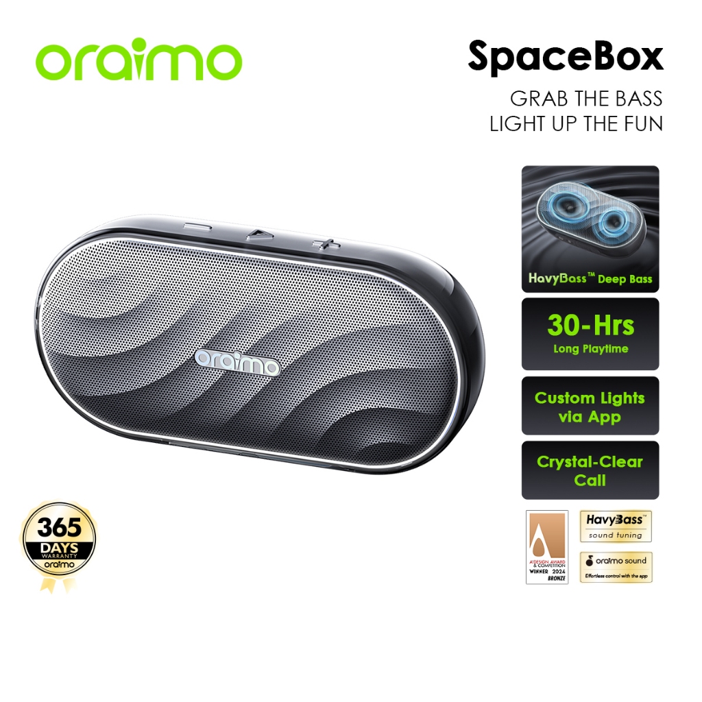 oraimo SpaceBox OBS-382 ลําโพงไร้สาย  ฮาวี่เบส™ เบสล้ําลึก  ไฟแบบกําหนดเองผ่านแอป  เวลาเล่น 30 ชม.  วิทยุ เอฟเอ็ม  การ์ด TF EQ ปรับได้ รวมเชือกเส้นเล็ก