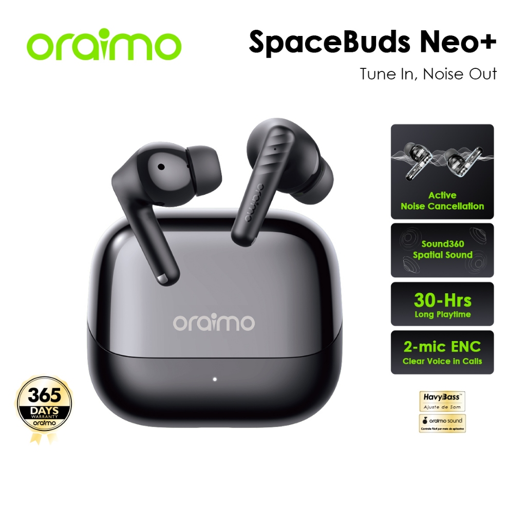Oraimo SpaceBuds Neo + OTW-323P ANC หูฟังไร้สาย 30H แบตเตอรี่ Dual Mic ENC Low Latency โหมดเกมการออกแบบโลหะ IPX4 กันน้ํา