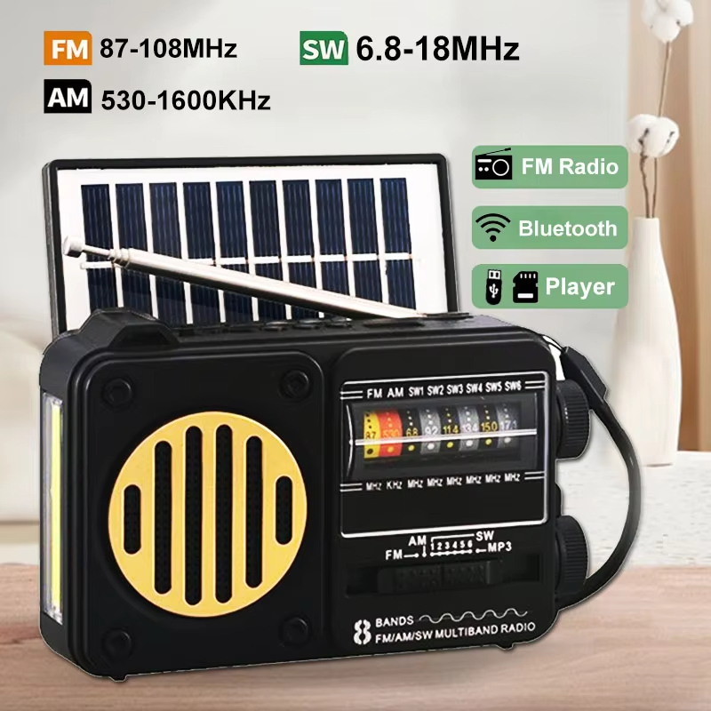 วิทยุฉุกเฉินแบบพกพาพลังงานแสงอาทิตย์ FM AM SW1-6 ตัวรับสัญญาณวิทยุลําโพงบลูทูธพร้อมไฟฉาย TF Card USB