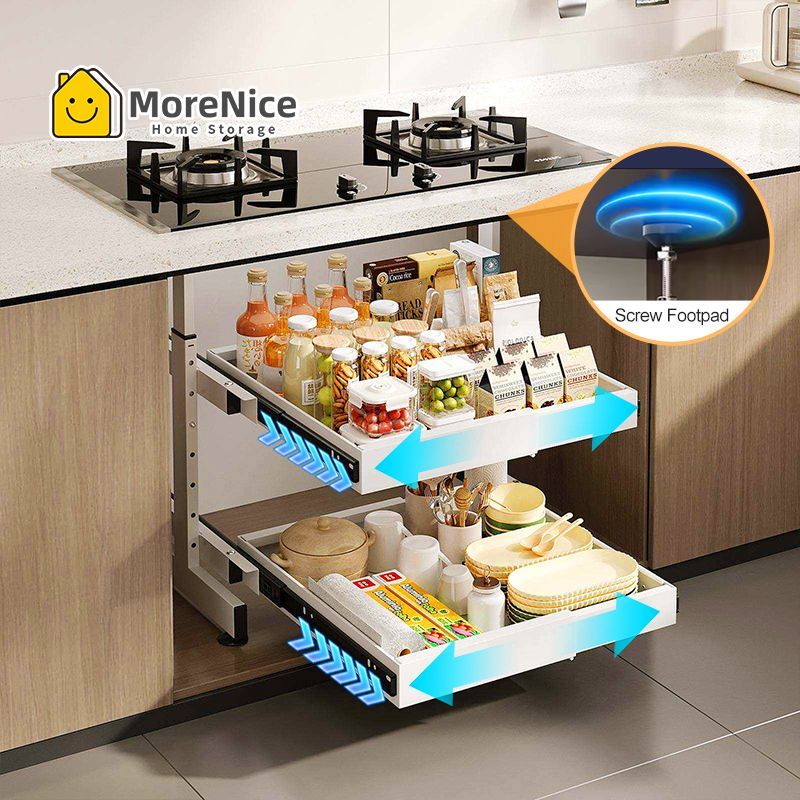 MoreNice ชั้นวางของในตู้ 2 ชั้น พร้อมขาตั้งด้านข้าง ตะกร้าแบบดึงออกได้ ชั้นวางของในครัว