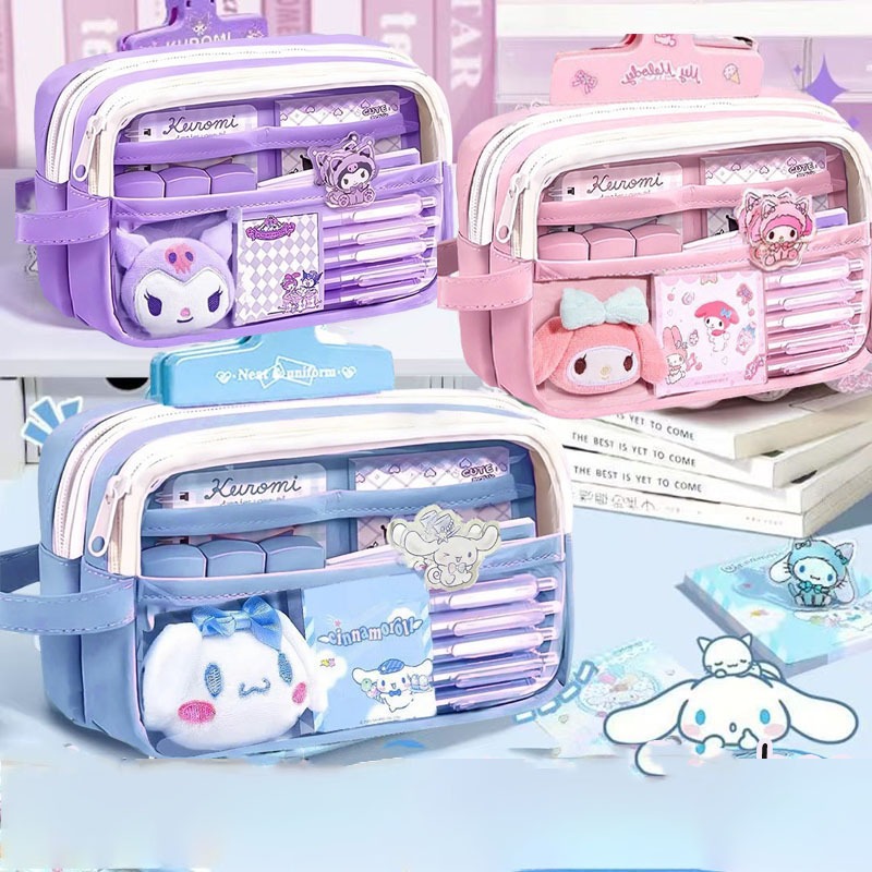 ชุดกระเป๋าดินสอผ้าแคนวาส 3 สี 3 สไตล์ (ชมพูกระต่ายน่ารัก / ฟ้าพาสเทลนุ่มนิ่ม / ม่วงการ์ตูนเท่ๆ) - ดีไซน์ 5 ช่องจัดระเบียบ หน้าต่างใสด้านหน้าเต็มบาน ดีไซน์กันน้ำ | ใส่ไม้บรรทัด 20 ซม. ได้ จุปากกาเกือบ 100 ด้าม พร้อมอุปกรณ์ตกแต่ง