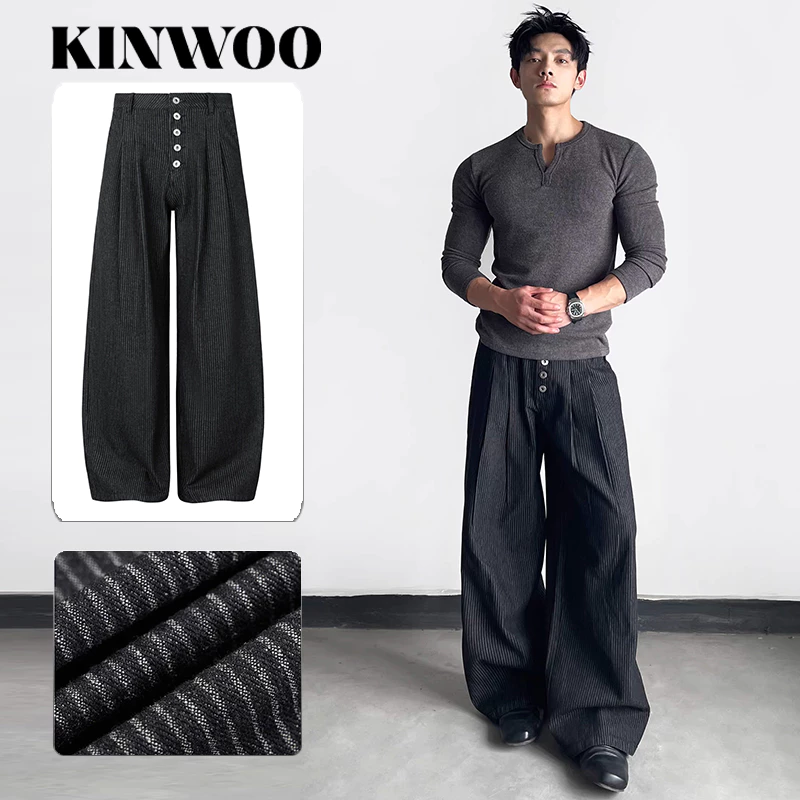 Kinwoo กางเกงยีนส์สูทลายทางผู้ชาย/ผู้หญิง กระดุมหลายตัวส์ขากว้าง baggy jeans ทรงหลวมขากว้าง ผ้าสูทลายทางดรอปสวย เอวปุ่มกดหลายดวง unisex แฟชั่นอเมริกันวินเทจ