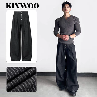 Kinwoo กางเกงยีนส์สูทลายทางผู้ชาย/ผู้หญิง กระดุมหลายตัวส์ขากว้าง baggy jeans ทรงหลวมขากว้าง ผ้าสูทลายทางดรอปสวย เอวปุ่มกดหลายดวง unisex แฟชั่นอเมริกันวินเทจ