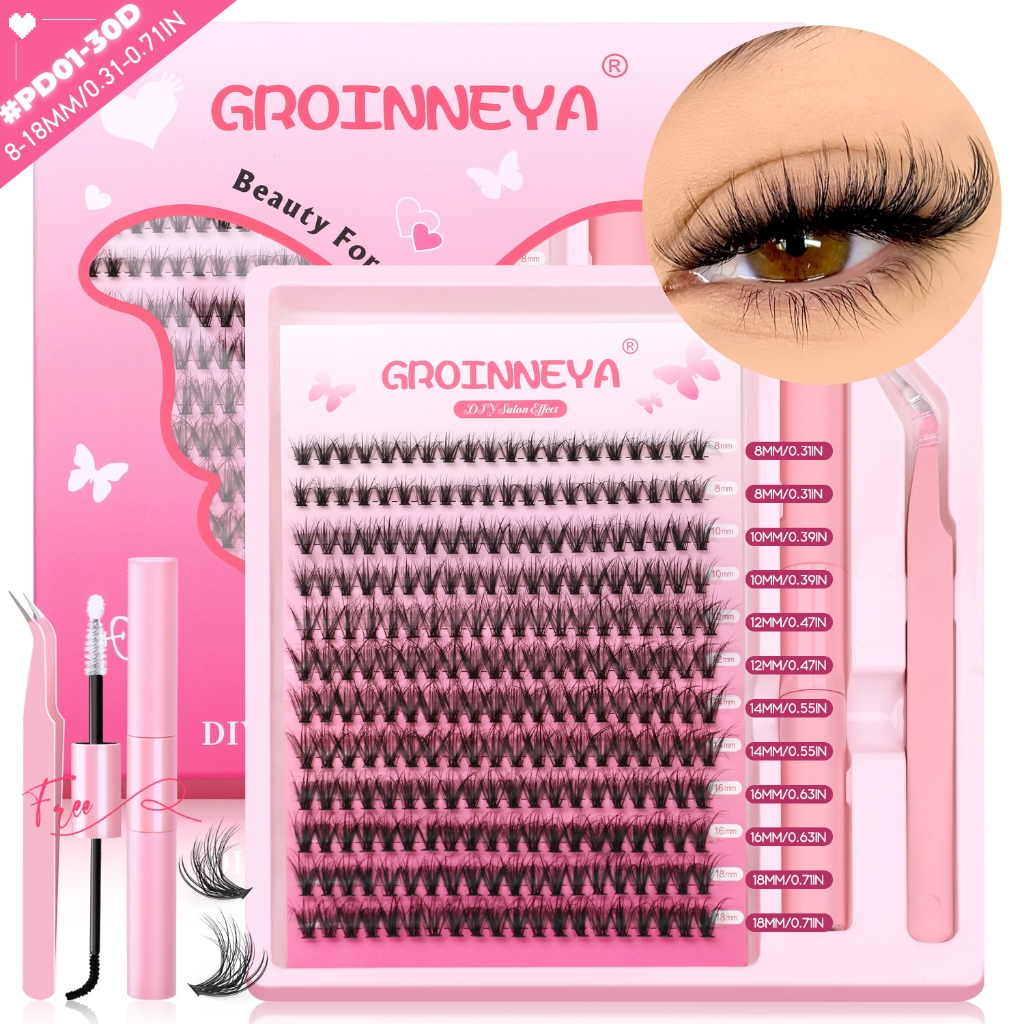 GROINNEYA ชุดขนตาปลอมหนา ขนตาปลอม Faux Mink ขนตาต่อ พร้อมกาวและซีล และรีมูฟเวอร์