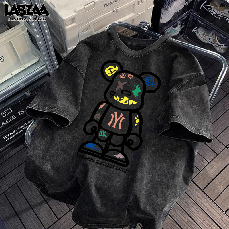 (จัดส่งตลอด 24 ชั่วโมง)🔥เสื้อยืดล้างน้ำ ลายสัตว์หมีดุ สไตล์อเมริกัน สตรีท แบรนด์แฟชั่น คอกลม ใส่สบาย YG858