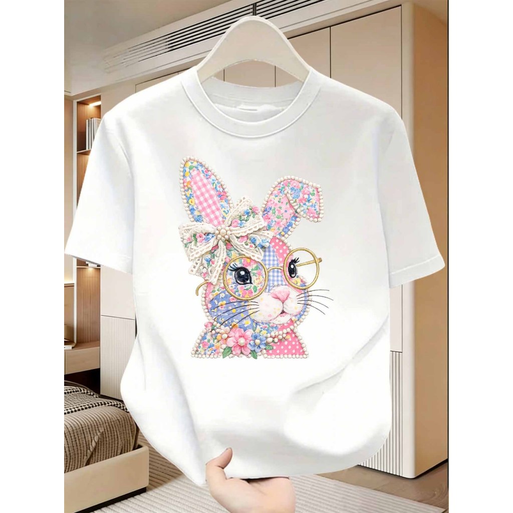 น่ารักเย็บปะติดปะต่อกันกระต่ายเสื้อยืด น่ารัก ดอกไม้กระต่ายกราฟิกแขนสั้นลําลองสีขาว ที หวานแฟชั่นด้านบนสําหรับผู้ชายผู้หญิงวัยรุ่น – โปรปัง