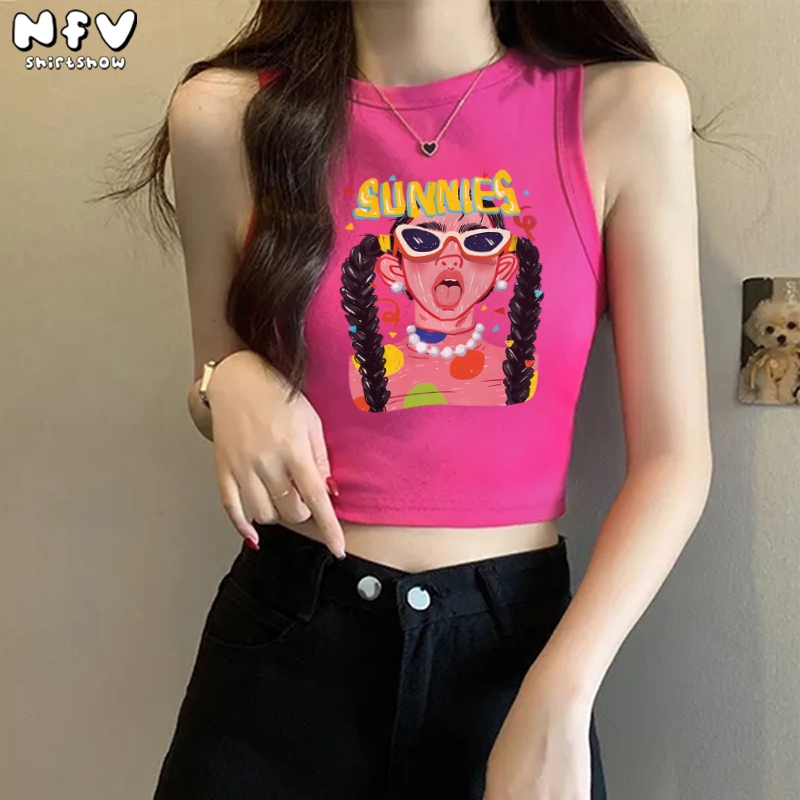 เสื้อกล้ามผู้หญิง ลายเด็กผู้หญิงแลบลิ้น แฟชั่นสไตล์เกาหลี เซ็กซี่ ยืดหยุ่น สายเดี่ยว YG2104
