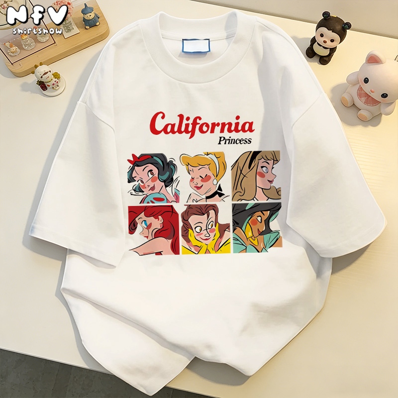 NFV ใหม่ล่าสุด🎀ลายพิมพ์เจ้าหญิงดิสนีย์ คอเสื้อยืดผู้หญิง ทรงหลวม ระบายอากาศ สไตล์ลำลอง YG840