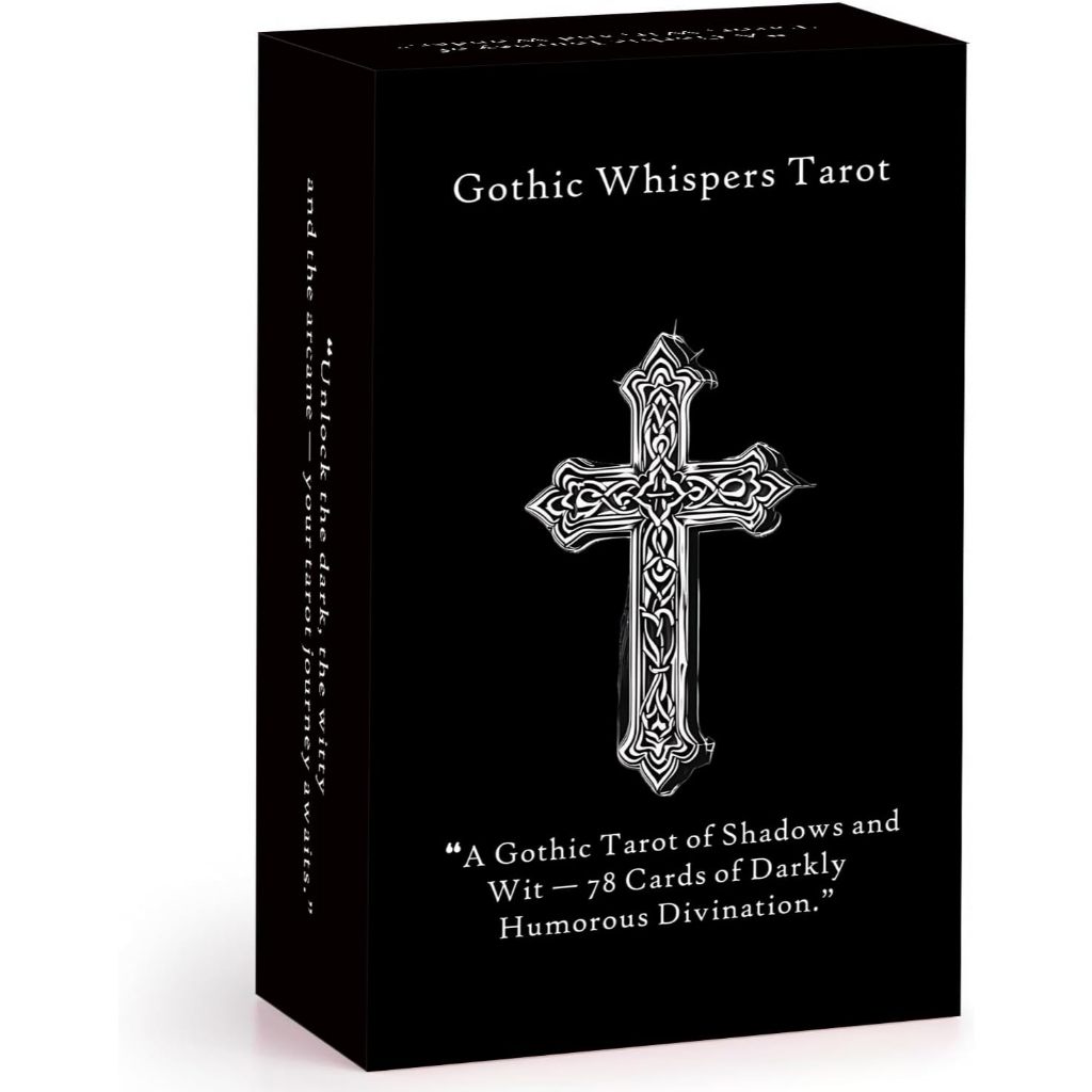 ไพ่ทาโรต์ Gothic Whispers, 78 Monochrome Beauty and Darkly Playful wit, ไพ่ทาโรต์พร้อมสมุดคู่มือ, การ์ดแต่ละใบภาพประกอบในขาวดําตัวหนา, เสียงสะท้อนสไตล์โกธิค