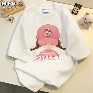 NFV ส่งจากไทย🚚ลายพิมพ์เด็กผู้หญิง เสื้อยืดผู้หญิงoversized ผ้าฝ้ายแท้ ระบายอากาศ YG677