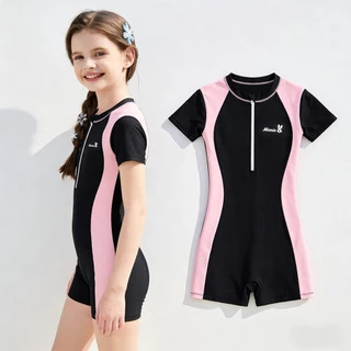 ชุดว่ายน้ำ Rash Guard แขนยาว One Piece สีดำและชมพู สำหรับชายหาด ป้องกัน UV ขนาดสำหรับเด็ก พร้อมสต็อก