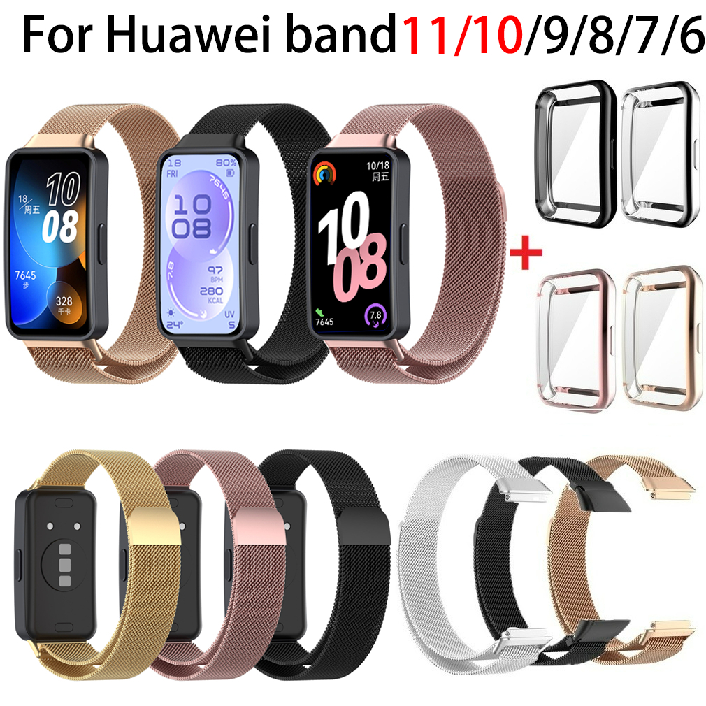 สายรัด Milanese + เคส Tpu แบบนุ่มสําหรับ Huawei band 11 10 9 8 7 6 NFC honor 6 Pro โลหะสแตนเลสฝาครอบเหล็กสายนาฬิกาแม่เหล็ก
