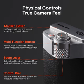 PGYTECH RetroVa Grip Kit สําหรับ iPhone 16/17 Pro/Pro Max เคสสไตล์วินเทจพร้อมเลนส์เทเลโฟโต้ 2.35x, กริปชัตเตอร์บลูทูธ, เกลียว 1/4"-20, ช่องเสียบ MicroSD, คอลลาร์สำหรับขาตั้งกล้อง และสายสะพายข้าง