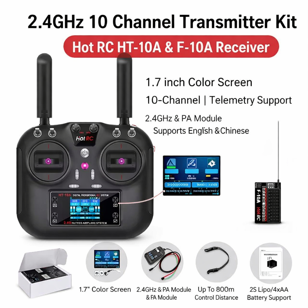 Hotrc HT-10A 2.4G 10CH เครื่องส่งสัญญาณ F-10A ตัวรับสัญญาณ, ตัวควบคุม RC แบบหลายโปรโตคอลสําหรับถังเร