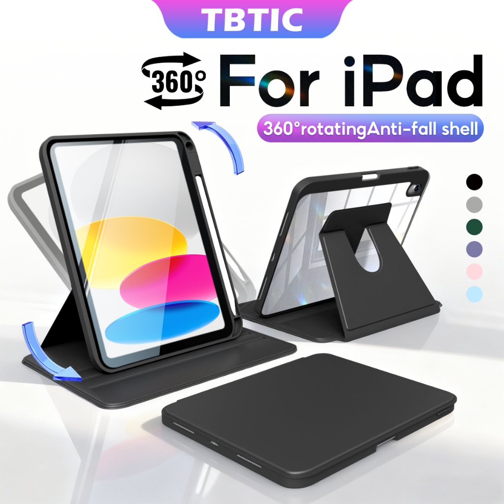 ทีบิก 360° เคส iPad หนังหมุนได้พร้อมช่องเสียบปากกาและขาตั้งเข้ากันได้กับ iPad Air 8 7 6 5 4 Pro 11 2024 M2 M3 M4 12, 11 Gen A16 10 9 8 7th 10.2, Mini7 6 8.3 นิ้ว