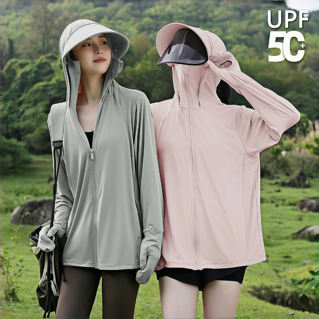 เสื้อกันแดดผู้หญิง ผ้าไอซ์ซิลค์ UPF50+ กันแดดประสิทธิภาพสูง หมวกกันแดดถอดได้ หน้ากากระบายอากาศ ครอบคลุมมือทั้งมือ ป้องกันรังสี UV ครบวงจร พร้อมส่ง