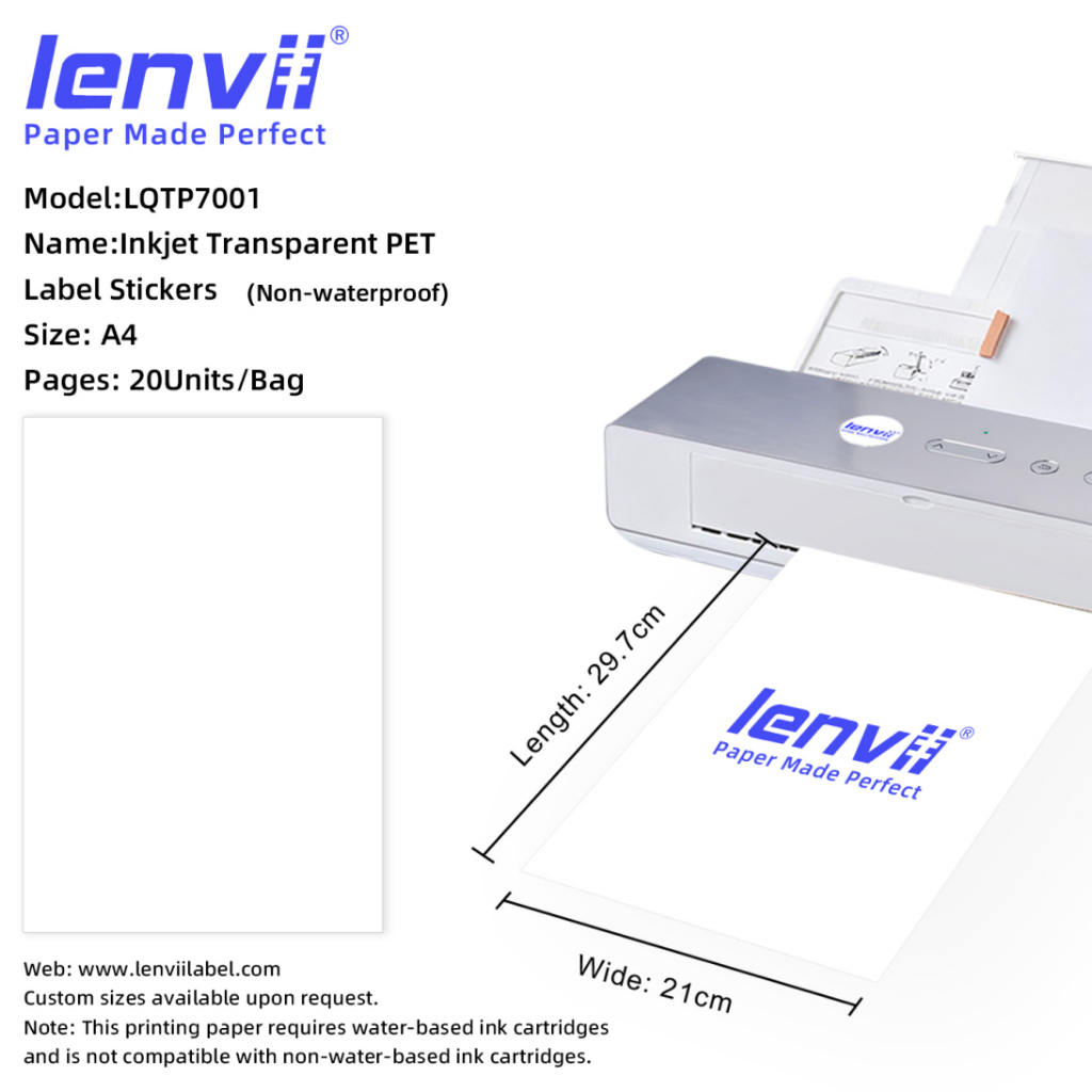 LENVII Inkjet Transparent PET Label Stickers Size:A4 หน้า:20Units/Bag