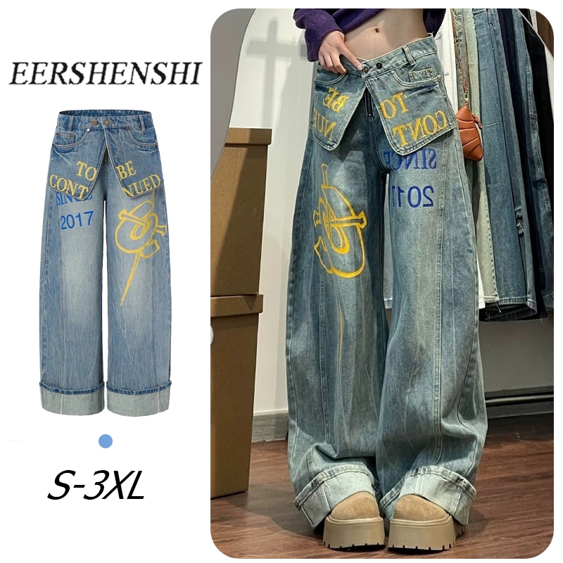 กางเกงยีนส์เอวสูงพิมพ์ลายอักษร EERSHENSHI Design