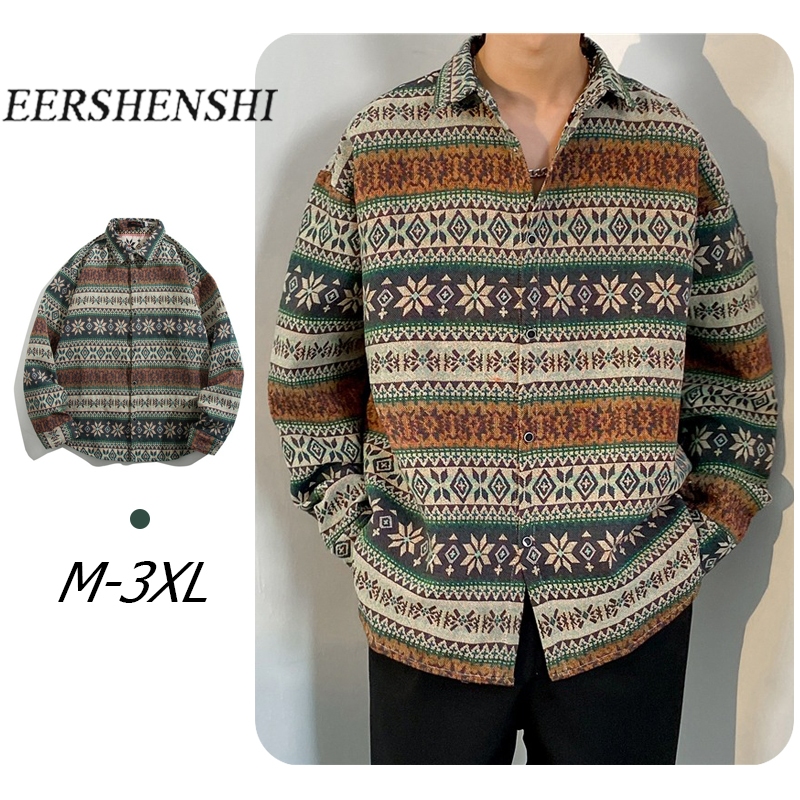 EERSHENSHI Retro เสื้อแขนยาว Unisex ลายทางชาติพันธุ์ทอปัก สไตล์โบฮีเมียน เทคนิค Jacquard เสื้อกั๊กปุ่ม