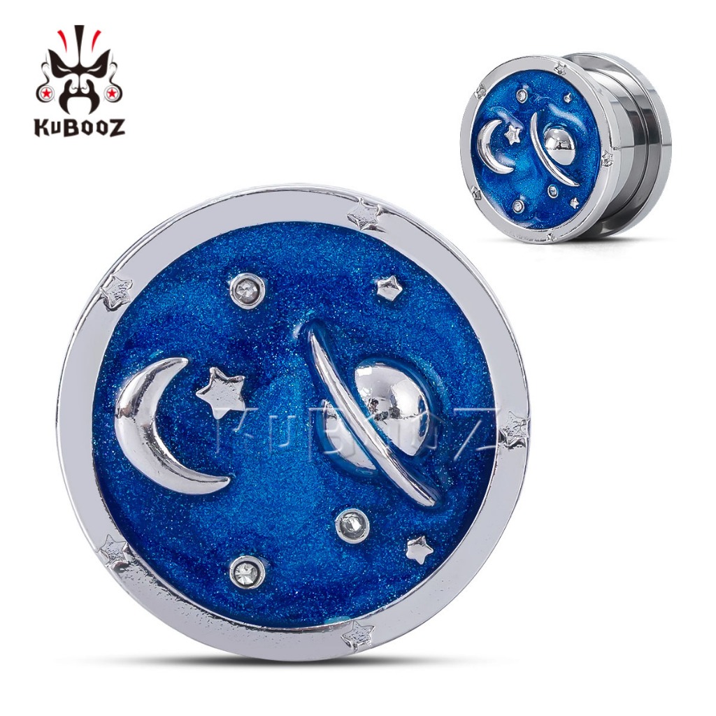 KUBOZ 2PCS Galaxy Moon Star อุโมงค์หูสแตนเลสหูวัดปลั๊กเปลเจาะเครื่องประดับ