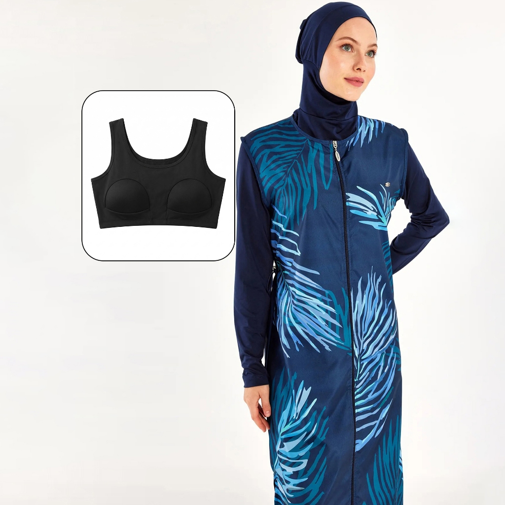 มุสลิมชุดว่ายน้ําสตรีครอบคลุมเต็มรูปแบบ Burkini ชุดแขนยาว Hijab Beachwear + ฟรีสีดํา Bra Pad
