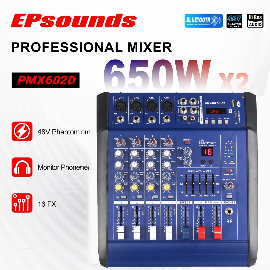 402D พร้อมมิกเซอร์ เพาเวอร์แอมป์ 4 ช่อง 16 เอฟเฟกต์ DSP, 2-Segment Balancers, 650W, รองรับ MP3, Blue