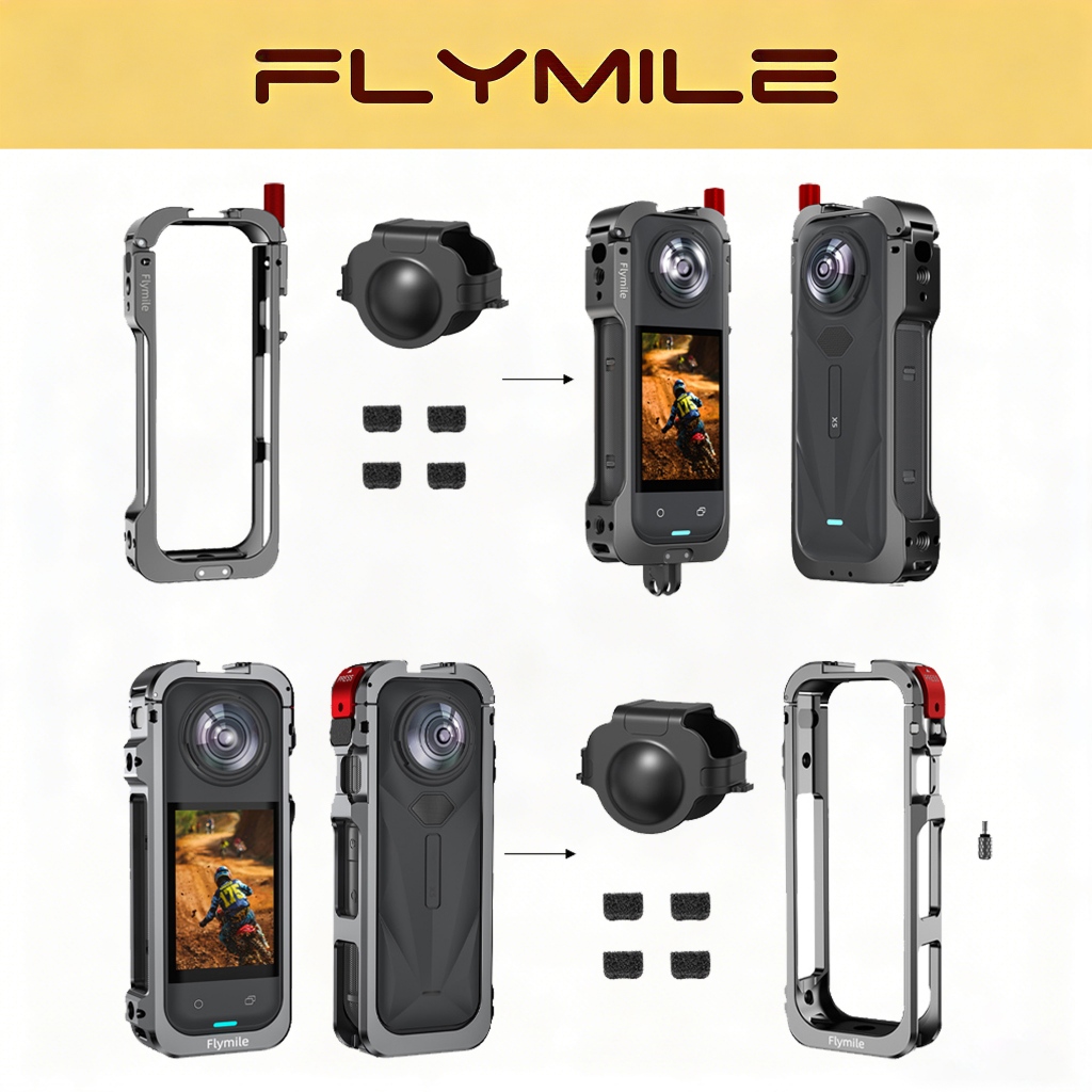 กรงโลหะ Flymile สําหรับอุปกรณ์เสริม Insta360 X5, เคสป้องกันทนต่อการตก, กรอบอลูมิเนียมอัลลอยด์