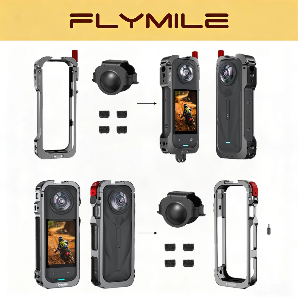 Flymile อลูมิเนียมกล้องสําหรับ Insta360 X5 Quick-Release กรงโลหะกรอบป้องกันแขน 1/4 สกรูรองเท้าเย็นอุปกรณ์เสริมสําหรับเติมแสง Selfie Stick