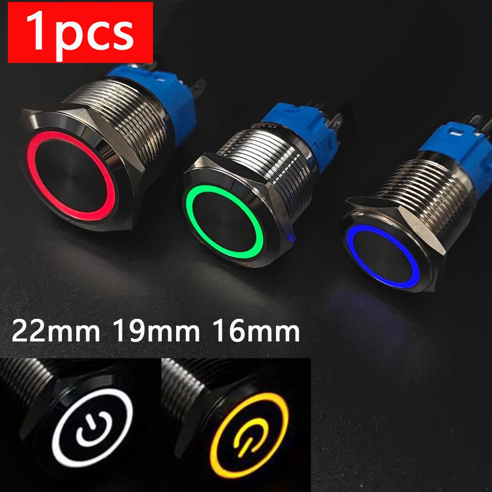 16 มม.19 มม.22 มม.ไฟ LED โลหะปุ่มกดสวิตช์ 1NO1NC Start Stop หัวแบนสีแดงสีฟ้า 5 V 6 V 12 V 24 V