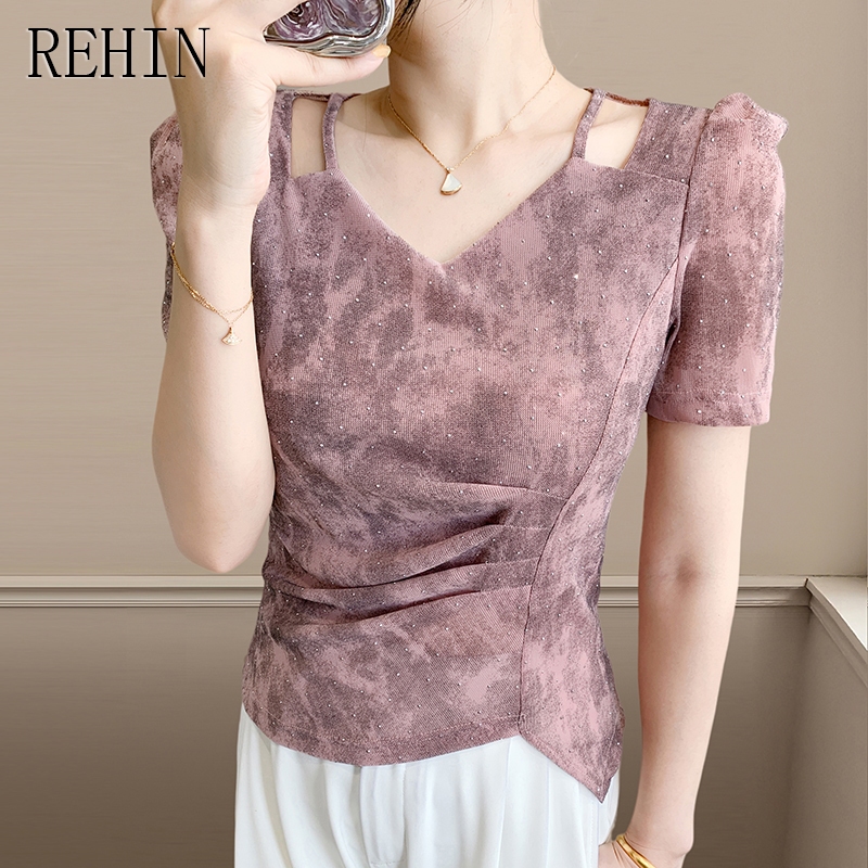 REHIN เสื้อค롭ท็อปผู้หญิงแขนสั้น สไตล์เกาหลี แบบรูเชッド สวมกระชับและสวยงาม สำหรับฤดูร้อน
