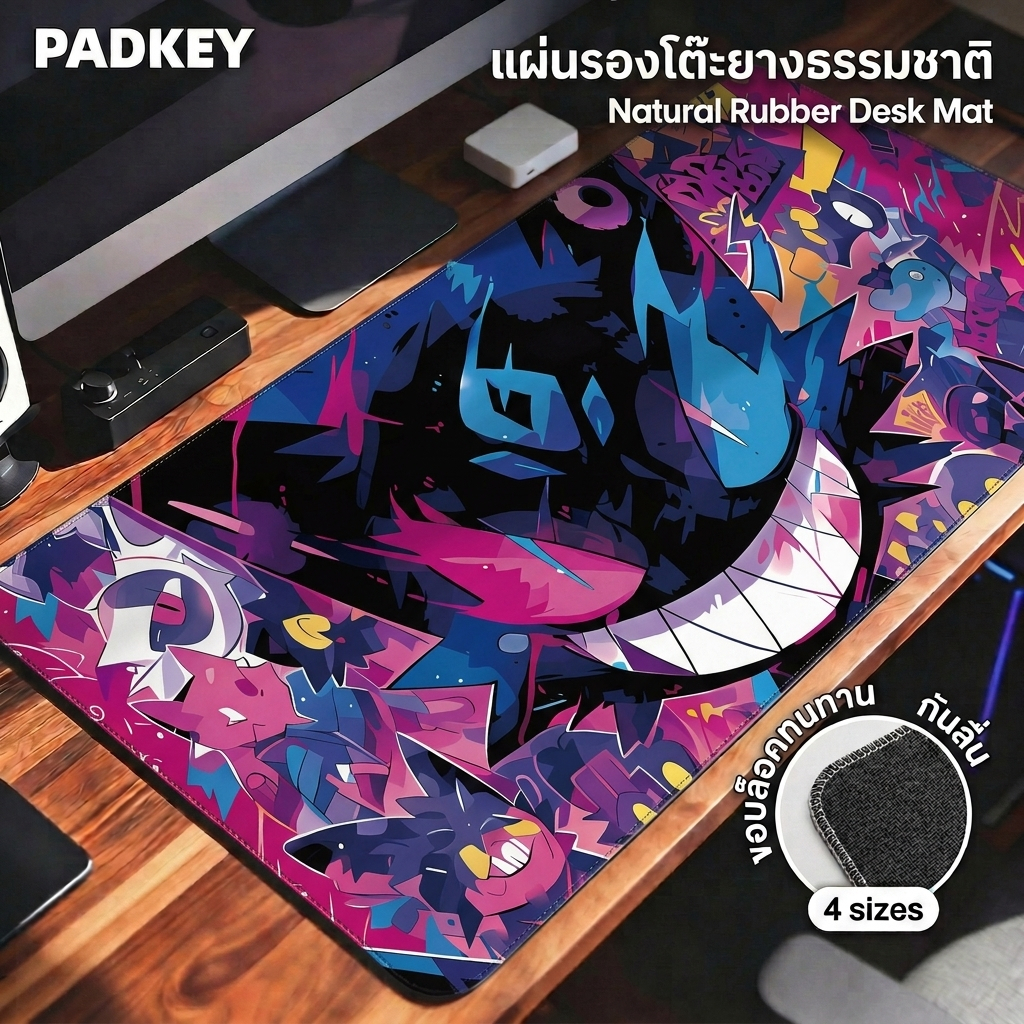 แผ่นรองเมาส์ Gengar 90×40cm | ไยางธรรมชาติ กันน้ำ | 🚚พร้อมส่งไทย | กันน้ำ + กันลื่น