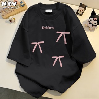 NFV พร้อมส่ง🎀ลายพิมพ์โบสีชมพู เสื้อยืดผู้หญิงoversized ระบาย…