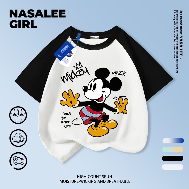 【จัดส่งภายในวันเดียวกัน】 เสื้อยืดผ้าฝ้ายสำหรับเด็ก NASA แบบ Raglan สีดำ-ขาว ลายการ์ตูนแอนิเมชัน สำหรับเด็กอายุ 3-16 ปี ทั้งเด็กผู้ชายและผู้หญิง ทรงสบาย